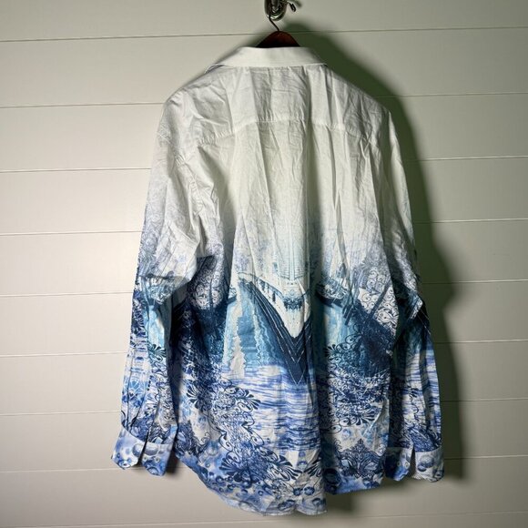 RARE:  Bugatchi 3X Long Sleeve Button Up Shirt Blue White Venice Scene - Picture 5 of 11
